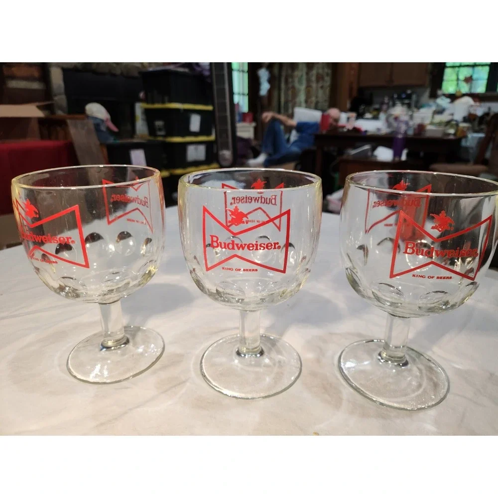 (3) Vintage Budweiser King Of Beers Bowtie Thumbprint Goblet 5.5 Inch Short Stem